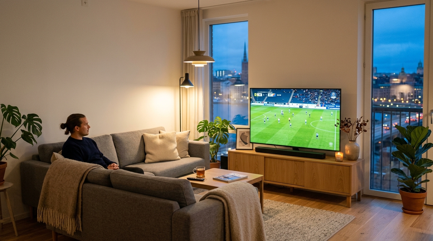 Svensk vardagsrumsmiljö med skärmjämförelse mellan Full HD och 4K Ultra HD