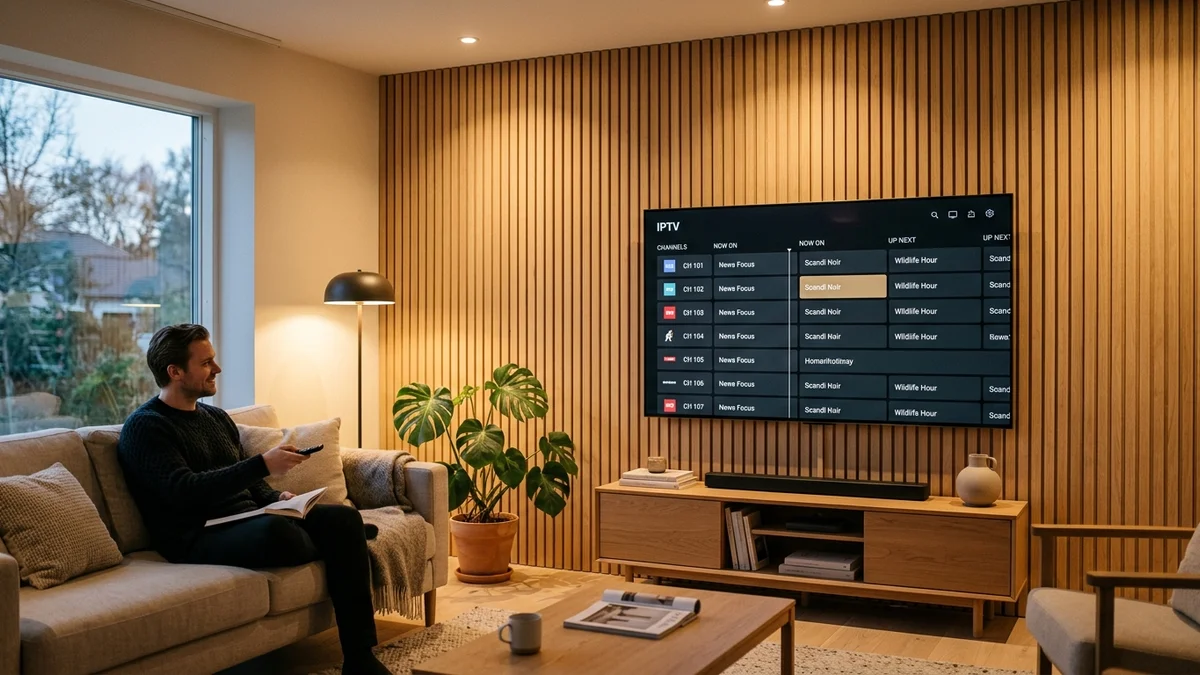 Modern TV i skandinaviskt vardagsrum med överskådlig IPTV-spelare och elektronisk programguide