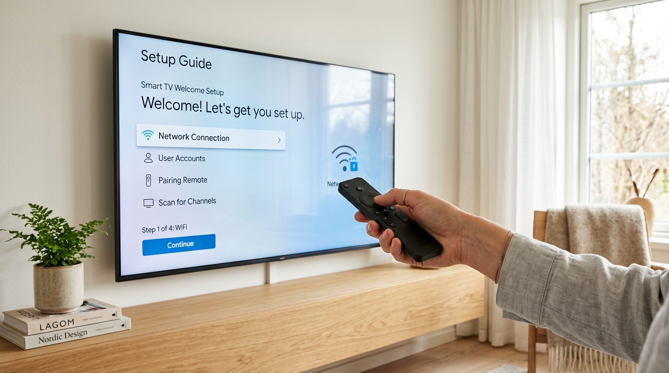 Fjärrkontroll som hålls framför en Smart TV för att initiera systemåterställning