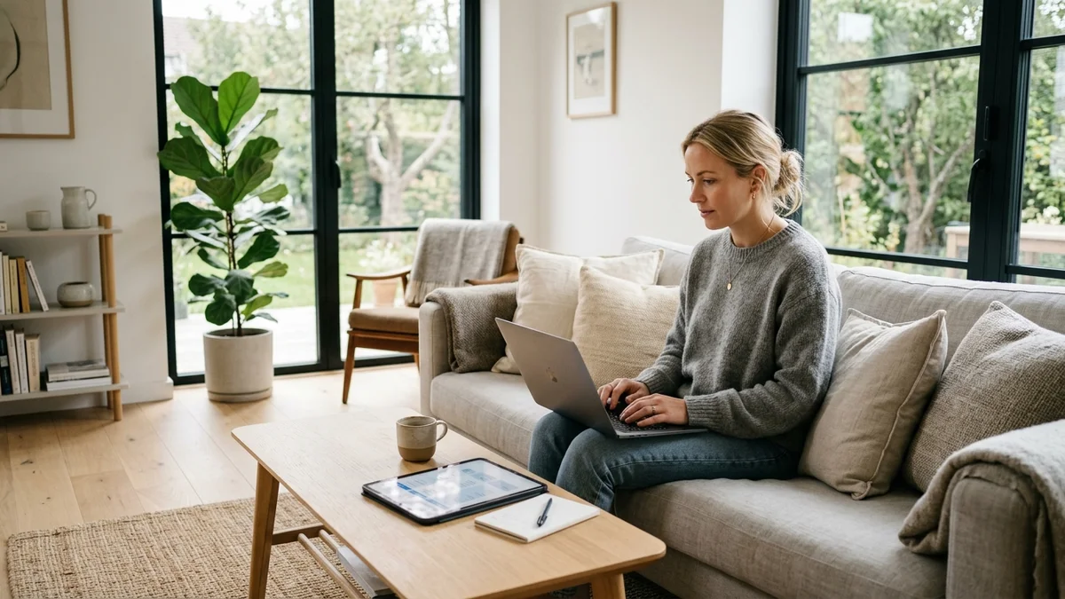 Person i ljust skandinaviskt vardagsrum som granskar och jämför digitala streamingkriterier på laptop och surfplatta