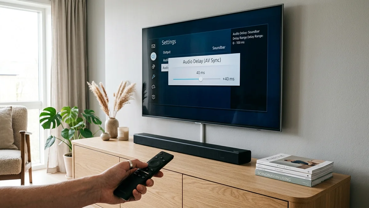 Smart TV med modern soundbar som visar inställningsmeny för Audio Delay synkronisering