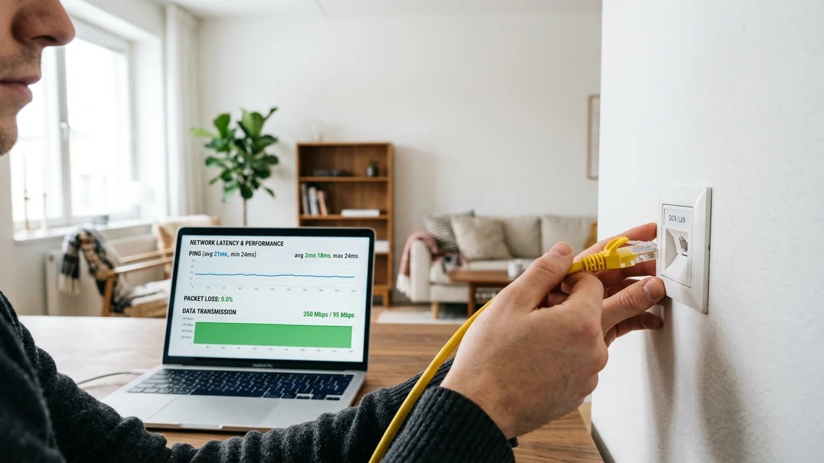 Nätverkskabel och switch med diagnostikindikatorer för paketkontroll