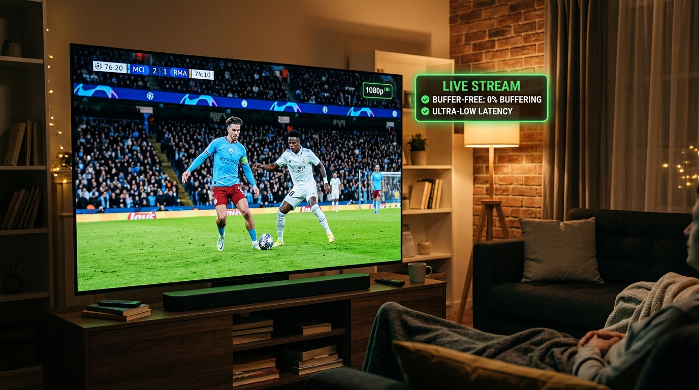 Närbild på en Smart TV som återfår stabilt videoflöde efter nätverksjustering