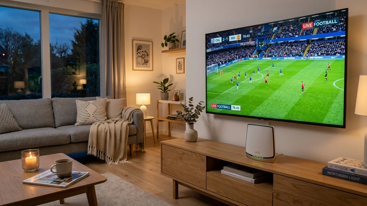Mysigt svenskt vardagsrum på kvällen med TV-streaming och upplyst fiberrouter